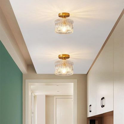 Semi-Flush Overhead Lamp with Textured Glass Dome and Brass-Tone Hardware for Low-Profile Entryways & Bedrooms