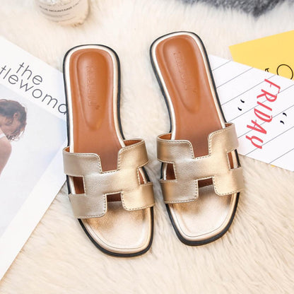 Women's Slip-On Sandals Flat Synthetic Leather Slide Slippers White Black Brown Pink Gold for Summer Beach Casual Everyday