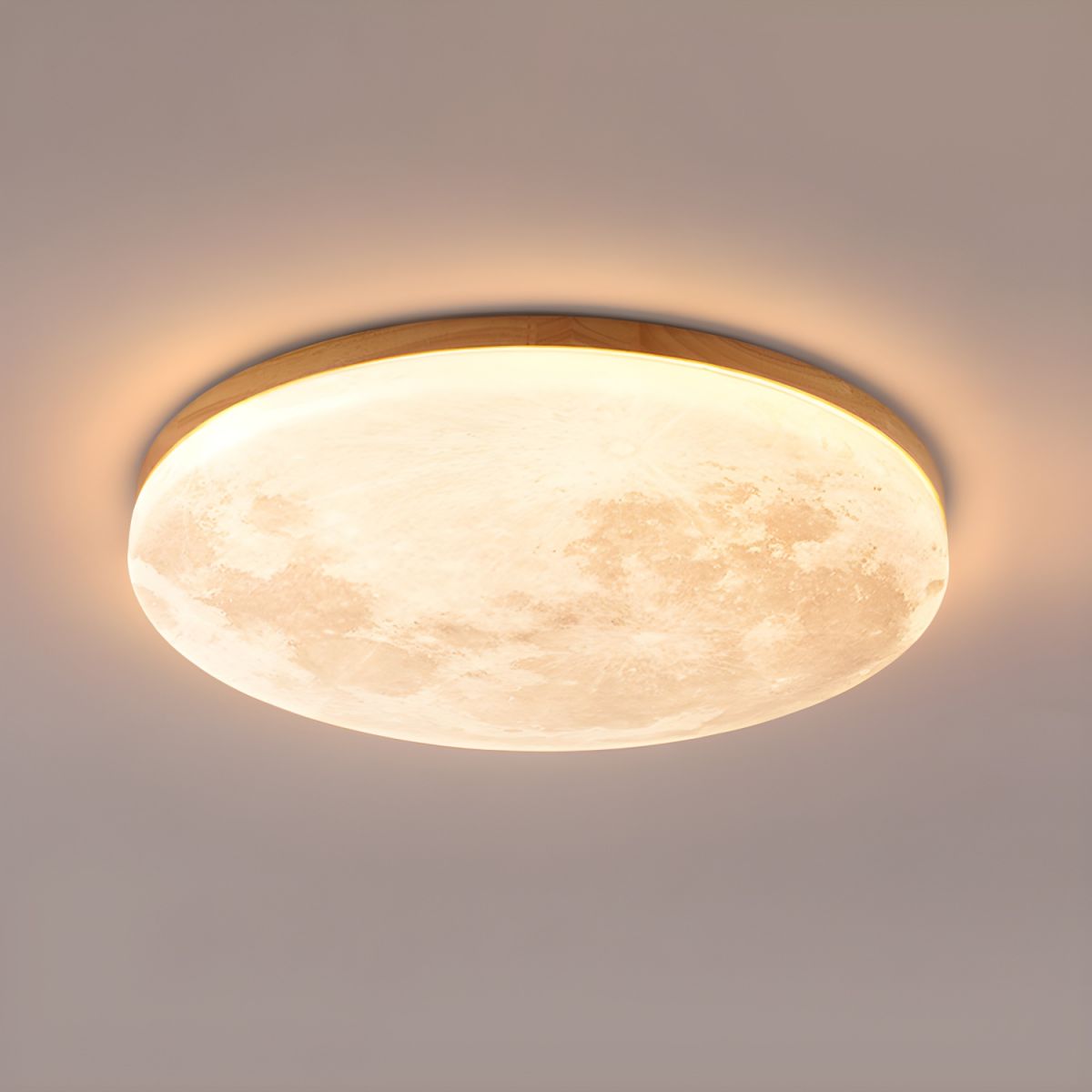 Round Flush Mount LED Ceiling Light with Lunar Surface Design Wood & Acrylic 19 in Diameter for Bedrooms Living Rooms Hallways Modern Ambien