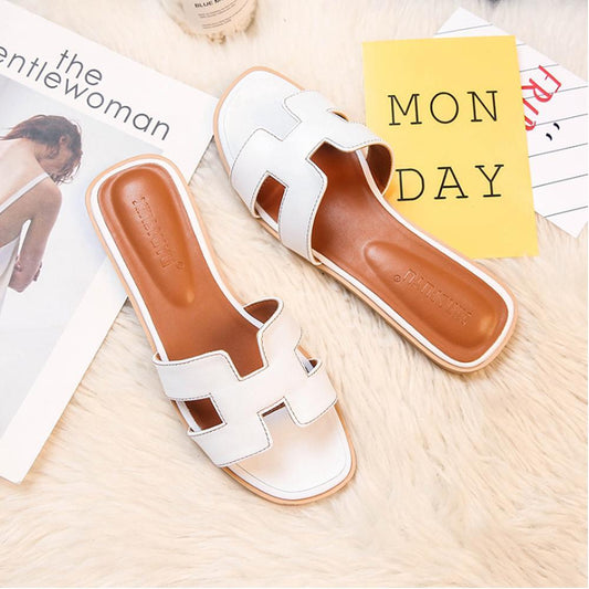 Women's Slip-On Sandals Flat Synthetic Leather Slide Slippers White Black Brown Pink Gold for Summer Beach Casual Everyday