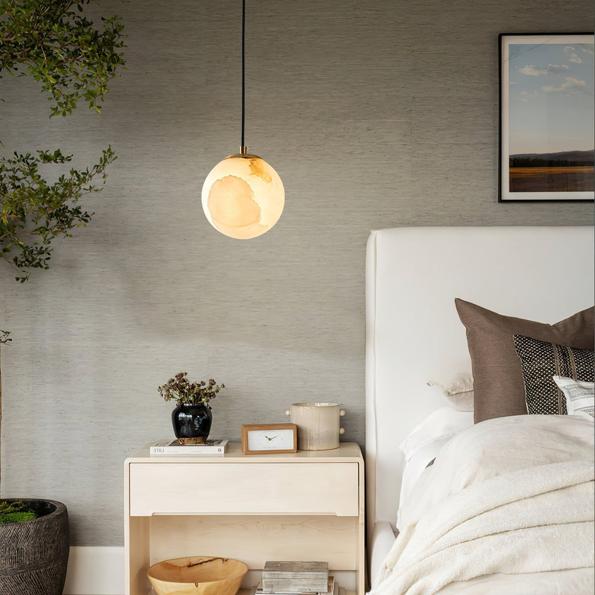 Hanging Ceiling Light Stone Globe 4-6 Inch Adjustable Cord Modern Minimalist Fixture for Bedroom Dining Room Kitchen Living Space Entryway