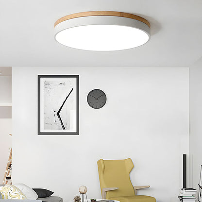 Round Wood Flush Mount LED Ceiling Light 3-Color Dimmable Scandinavian Style for Living Room Bedroom Kitchen