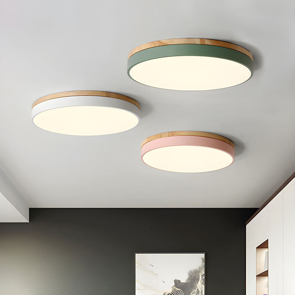 Round Wood Flush Mount LED Ceiling Light 3-Color Dimmable Scandinavian Style for Living Room Bedroom Kitchen