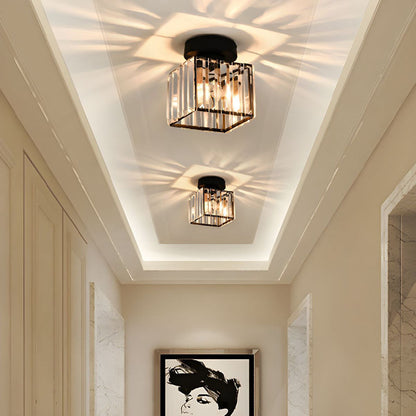 Decorative Flush Mount Light Fixture with Glass Cube and Metal Accents E27 Socket for Entryway Bedroom Small Room Ambient Overhead Lighting