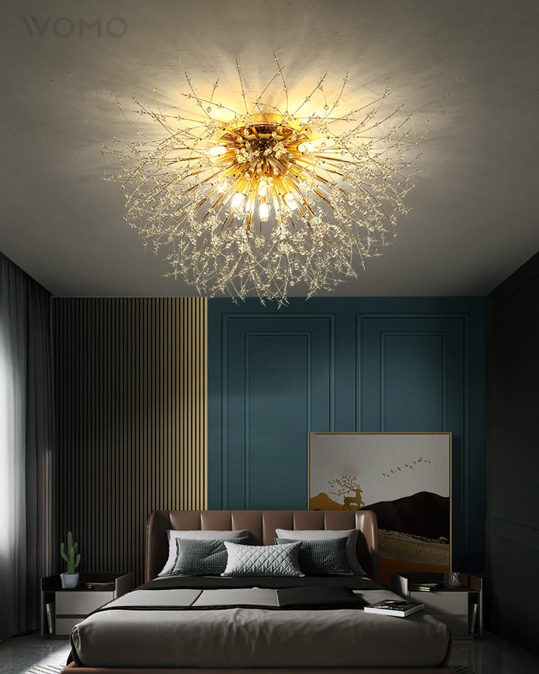 Flush Mount Ceiling Light with Crystal Dandelion Design – 16 in Gold & Silver Fixture for Bedroom, Hallway, Bathroom