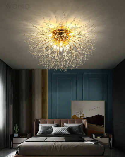 Flush Mount Ceiling Light with Crystal Dandelion Design – 16 in Gold & Silver Fixture for Bedroom, Hallway, Bathroom