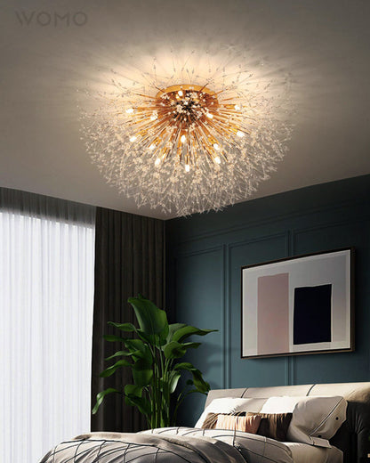 Flush Mount Ceiling Light with Crystal Dandelion Design – 16 in Gold & Silver Fixture for Bedroom, Hallway, Bathroom