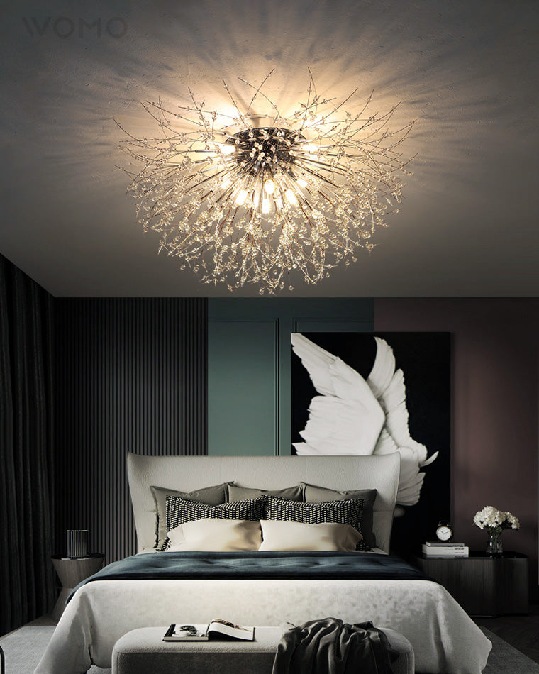 Flush Mount Ceiling Light with Crystal Dandelion Design – 16 in Gold & Silver Fixture for Bedroom, Hallway, Bathroom
