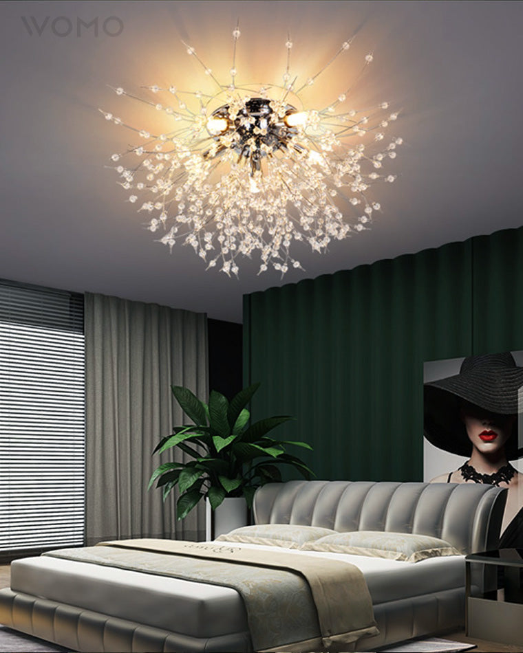 Flush Mount Ceiling Light with Crystal Dandelion Design – 16 in Gold & Silver Fixture for Bedroom, Hallway, Bathroom