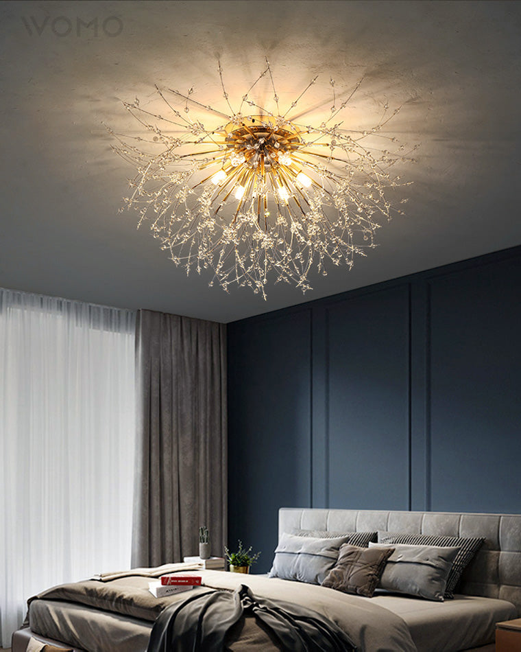 Flush Mount Ceiling Light with Crystal Dandelion Design – 16 in Gold & Silver Fixture for Bedroom, Hallway, Bathroom