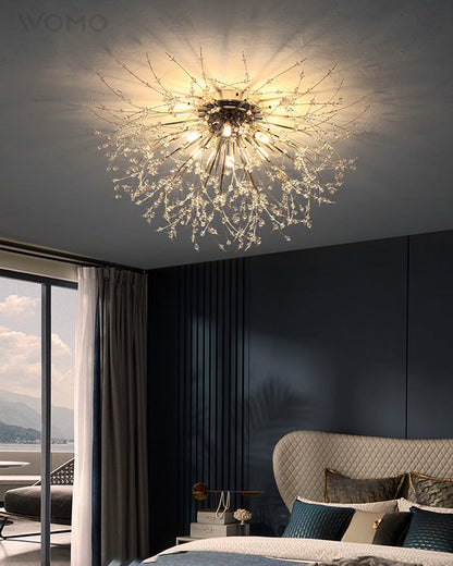 Flush Mount Ceiling Light with Crystal Dandelion Design – 16 in Gold & Silver Fixture for Bedroom, Hallway, Bathroom