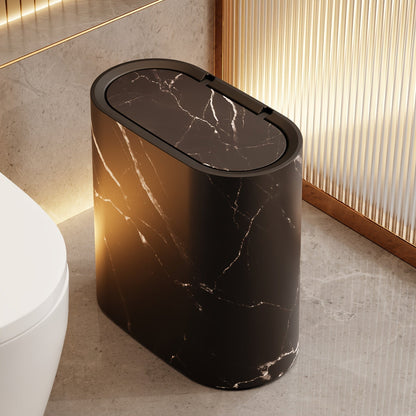 Waste Basket with Hinged Lid for Small Spaces – Oval Desktop Garbage Can for Bathroom, Bedroom, Office & Vanity
