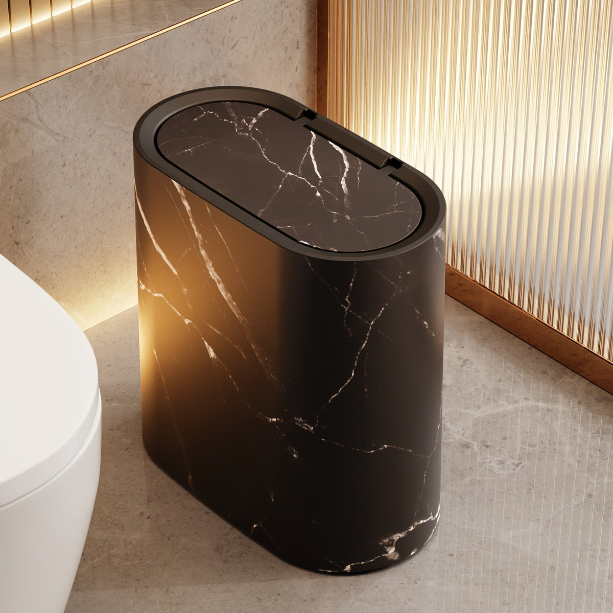 Waste Basket with Hinged Lid for Small Spaces – Oval Desktop Garbage Can for Bathroom, Bedroom, Office & Vanity