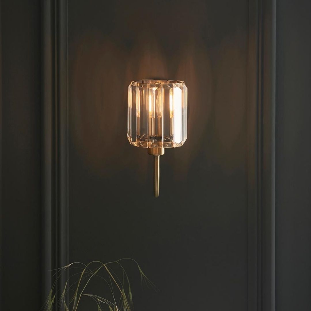 Antique Brass Wall Light | Elegant Sconce with Faceted Glass Shade | Timeless Illumination for Any Space