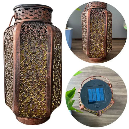 Openwork Metal Solar Lantern 9.3 in Hanging or Tabletop Garden Patio Light Outdoor Decorative Moroccan-Inspired Design for Porch Balcony Pat
