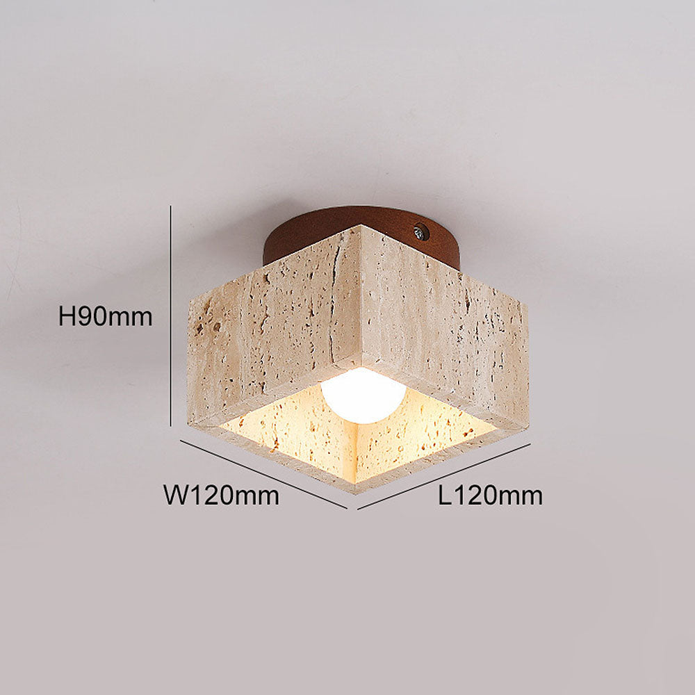 Natural Stone Flush Mount Light with Wooden Accent E26 Base for Bedroom Entryway Living Space Low-Profile Fixture Ambient Overhead Lighting