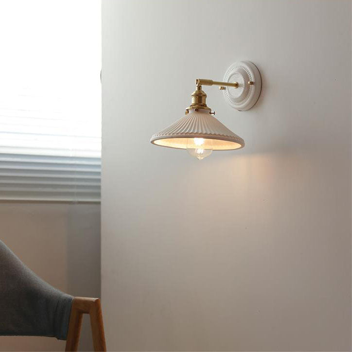 Pleated Shade Wall Sconce Lamp with Brass Arm for Bedroom Living Room & Study | Retro Japanese Style Ceramic Fixture