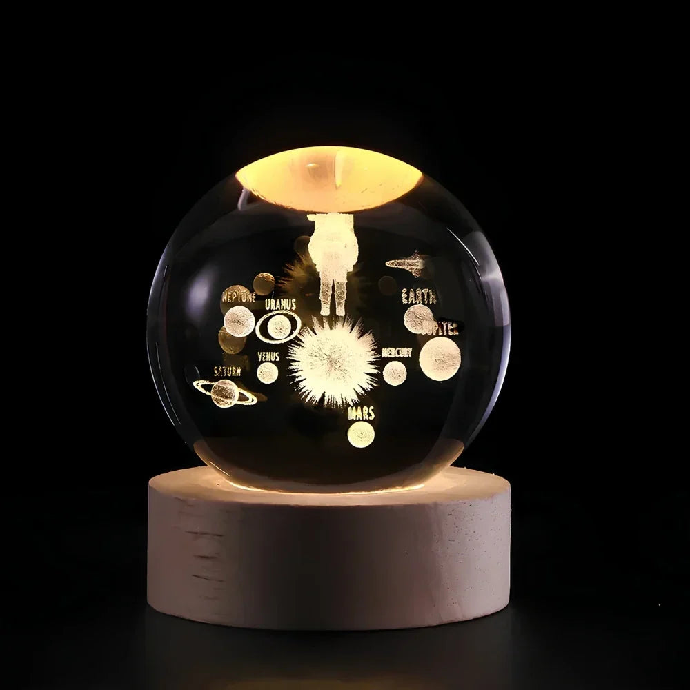 3D Engraved Crystal Planet Sphere Night Light on Wood Base USB Powered Desk Lamp Warm White LED Glow for Bedroom Living Room Nursery Space