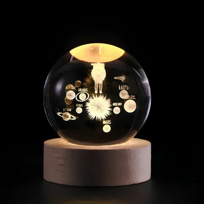 3D Engraved Crystal Planet Sphere Night Light on Wood Base USB Powered Desk Lamp Warm White LED Glow for Bedroom Living Room Nursery Space