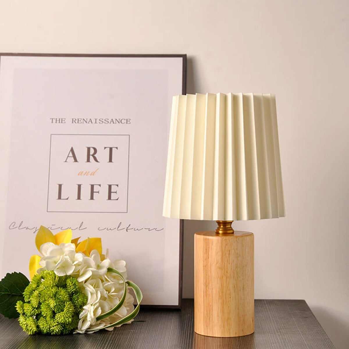 Nightstand Lamp with Pleated Shade Wood Base 12 in Tall USB or E26 Socket Soft Ambient Light for Bedroom Office Reading Scandinavian Modern