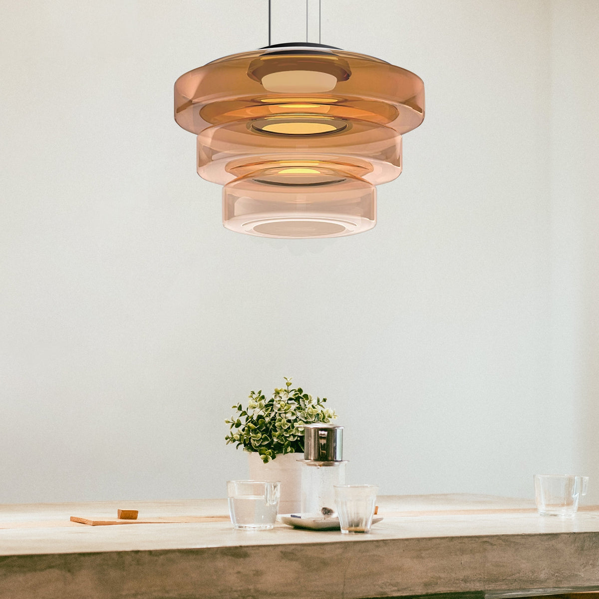 Stacked Glass Shade Ceiling Fixture 18 in Diameter Adjustable Height 12W Warm LED Kitchen Island Dining Room Modern Sculptural Hanging Light