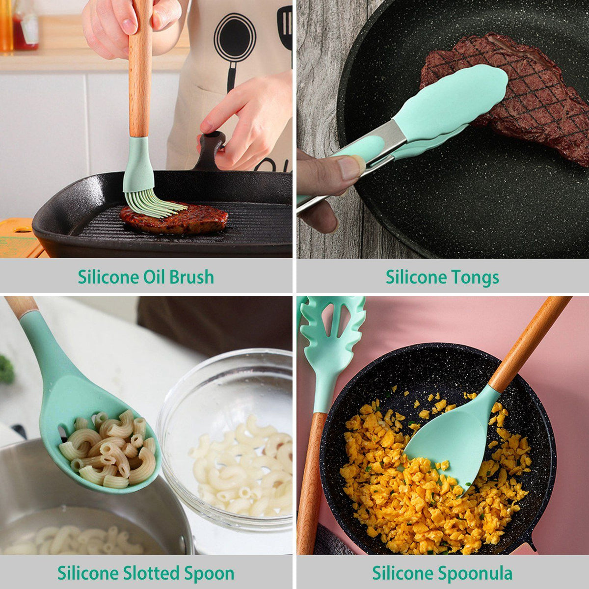 11-Piece Heat-Resistant Cooking Tool Set with Wood Handles & Holder for Nonstick Cookware