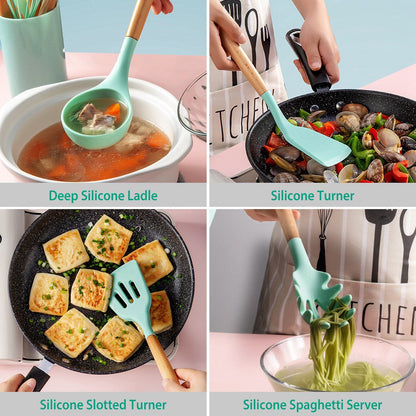 11-Piece Heat-Resistant Cooking Tool Set with Wood Handles & Holder for Nonstick Cookware