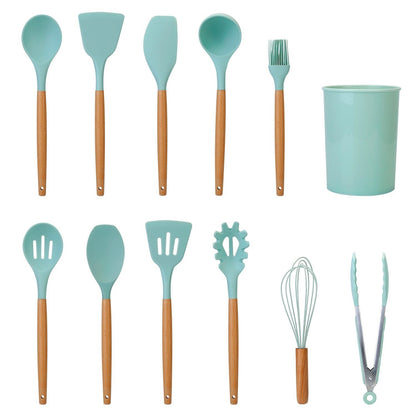 11-Piece Heat-Resistant Cooking Tool Set with Wood Handles & Holder for Nonstick Cookware