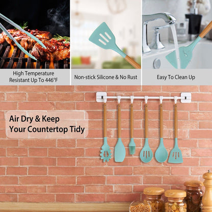 11-Piece Heat-Resistant Cooking Tool Set with Wood Handles & Holder for Nonstick Cookware