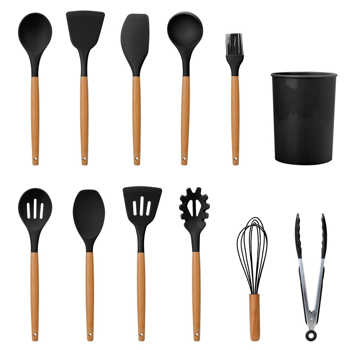 11-Piece Heat-Resistant Cooking Tool Set with Wood Handles & Holder for Nonstick Cookware