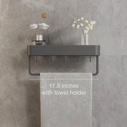 Adhesive Shower Caddy Organizer Gray Aluminum Wall Mount Storage Rack with Towel Bar 12 Inch Floating Shelf for Bathroom Toiletries Soap Sha