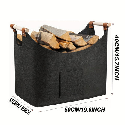 Collapsible Firewood Basket with Wooden Handles – 14.5 Gallon Felt Log Carrier for Living Room & Fireplace – Dark Gray Storage Bin