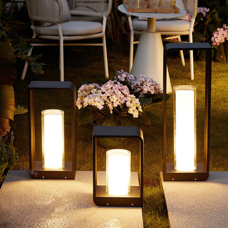 Outdoor Cube Post Light Black Steel LED Garden Pathway Stake for Yard Patio Walkway Deck Solar & Hardwired