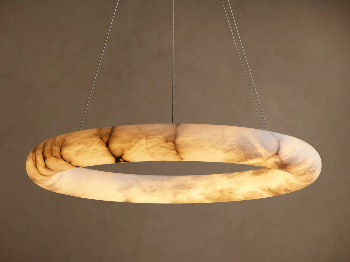 Round Alabaster LED Chandelier with Steel Cables for Dining Room, 36 or 48 Inch