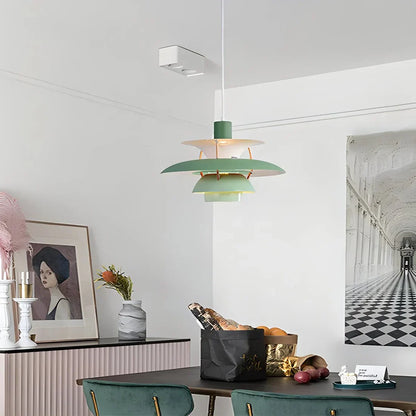 Layered Metal Pendant Light E27 Socket Minimalist Hanging Fixture for Kitchen Island Dining Table Nordic Style Ambient Ceiling Lamp Green Gr