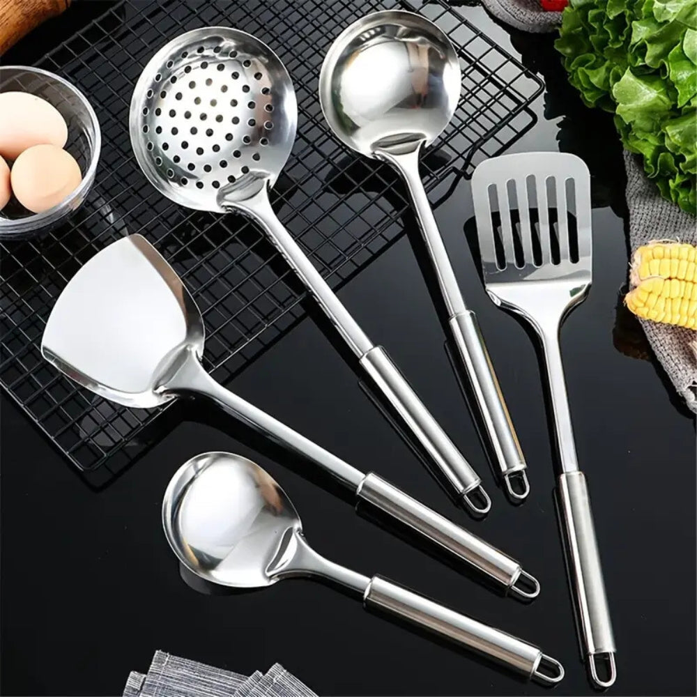 Kitchen Utensil Set Stainless Steel 5-Piece Kit Spatula Ladle Skimmer Tools Heat Resistant Professional Chef Cookware for Home Restaurant