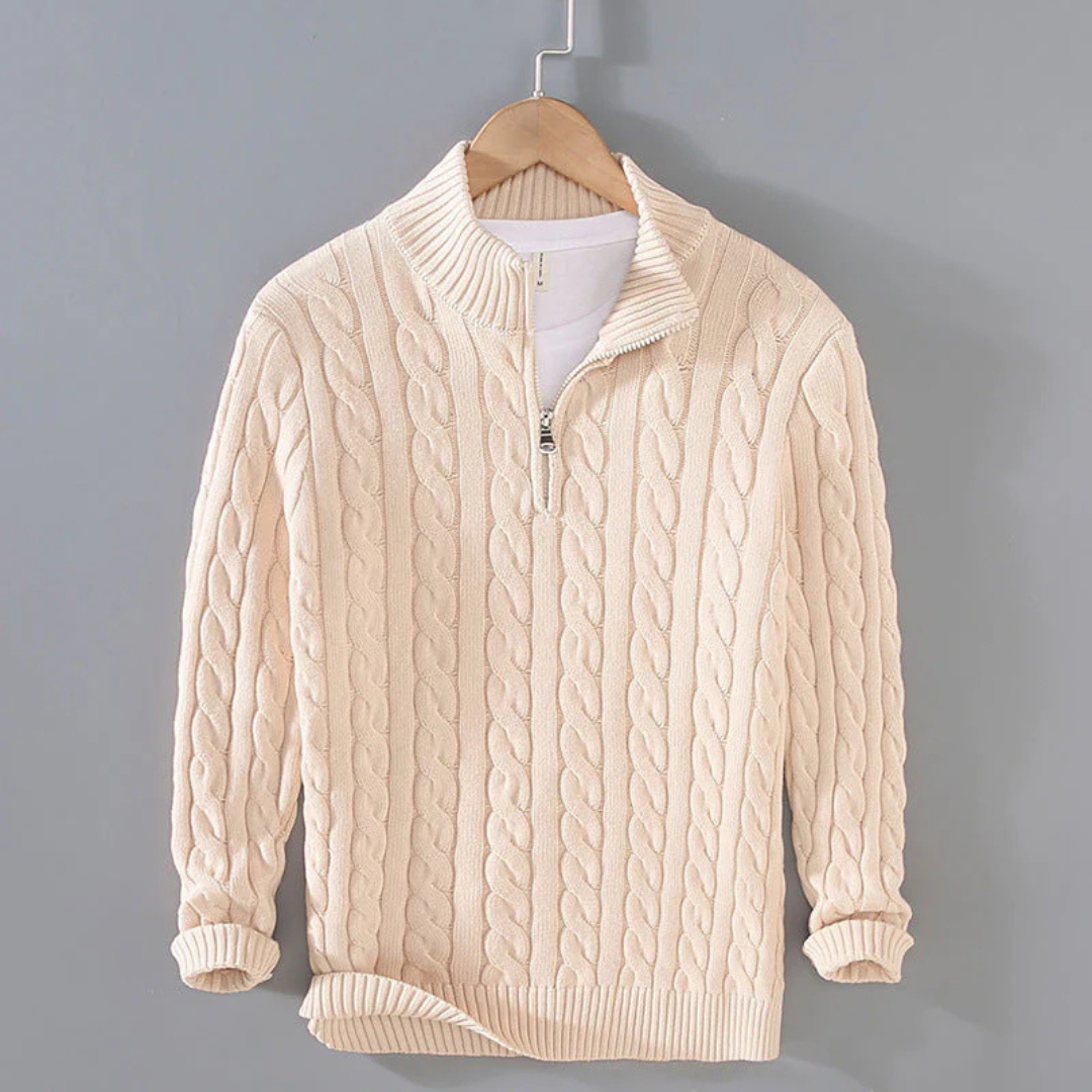 Cable-Knit Quarter-Zip Sweater for Men – 100% Cotton Stand-Collar Pullover for Fall & Winter