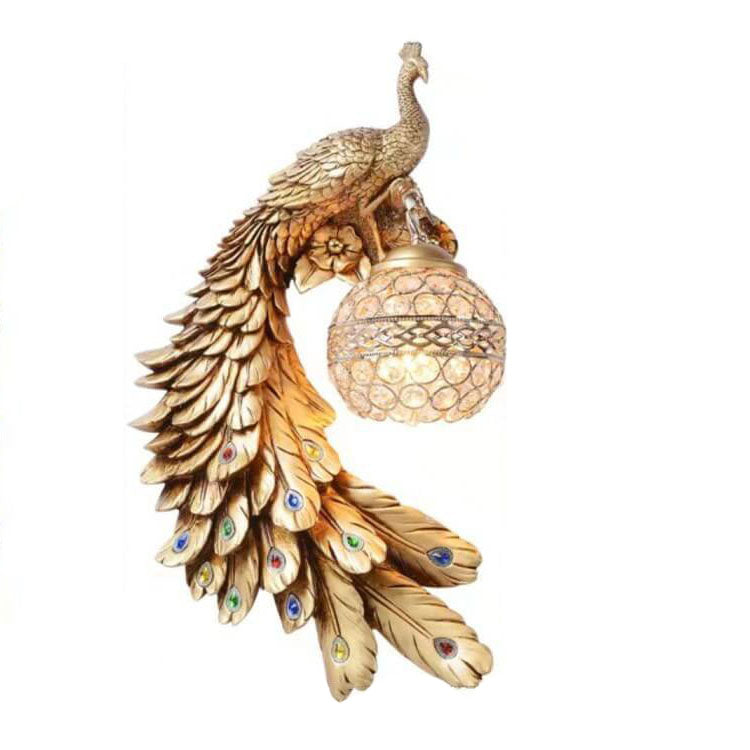 Crystal Globe Peacock Wall Light Fixture Decorative Resin Single Bulb Sconce for Bedroom Living Room Hallway Entryway Home Decor