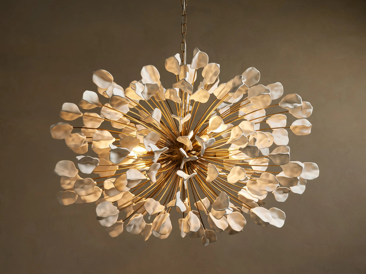 Ceramic Petal Chandelier with Leaf-Cluster Design 5-Light Fixture 42-Inch Round Dimmable Hanging Lamp for Dining Room & Entryway