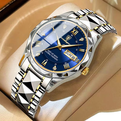 Men's Analog Quartz Watch with Luminous Hands, Date Window, and Stainless Steel Band for Business & Everyday Wear