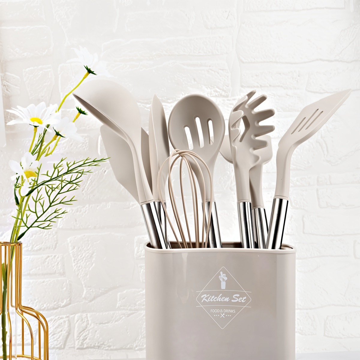 Silicone Cooking Utensil Set 12-Piece with Stainless Steel Handles and Countertop Holder for Home Kitchen Prep Stirring Whisking Serving