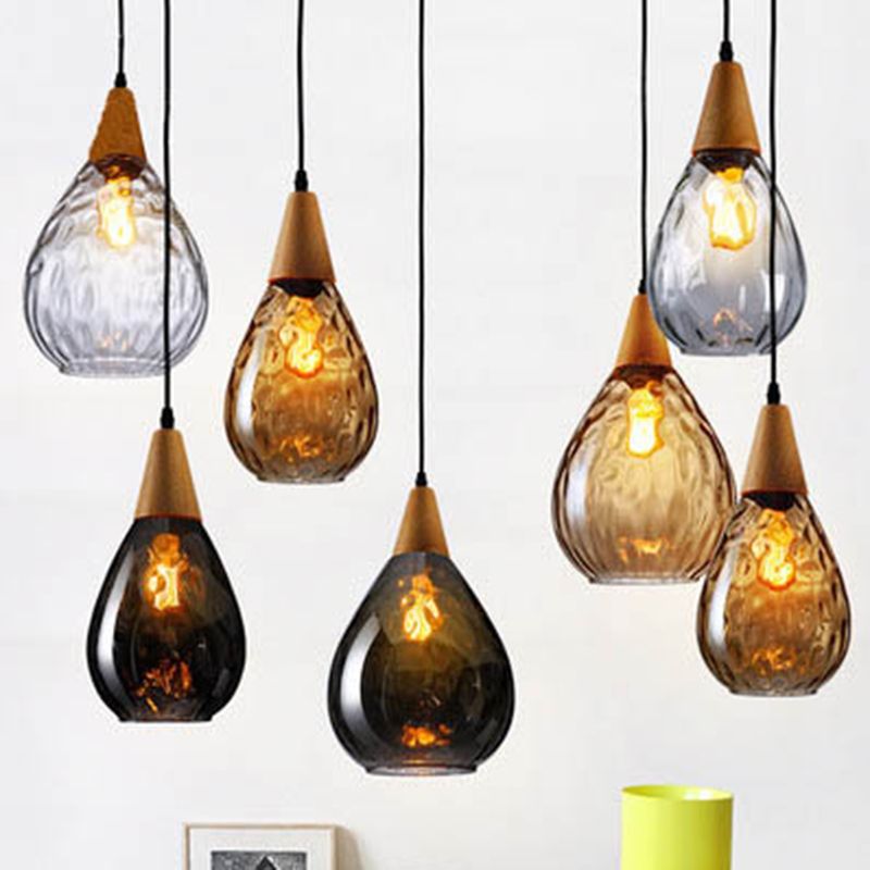 Glass & Wood Drop Ceiling Fixture with Adjustable Cord for Kitchen Island, Dining Room & Living Area | Hardwired E26 Socket | Indoor Overhea