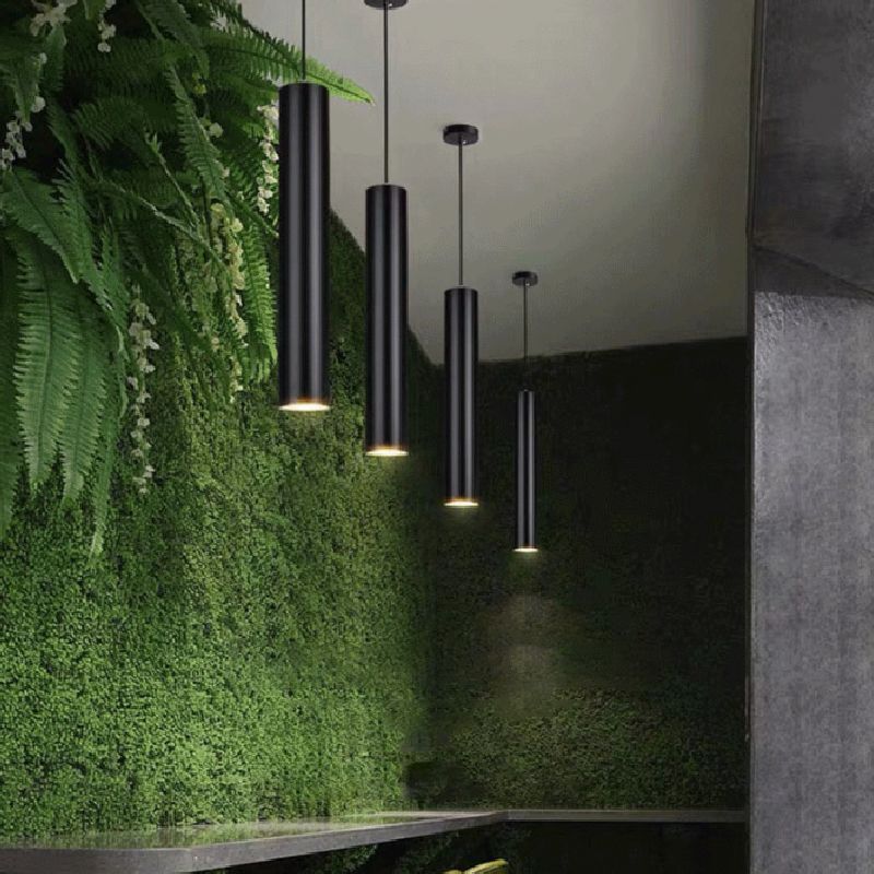 Cylindrical Metal Pendant Light Black Adjustable Drop Modern Hanging Fixture for Dining Room Kitchen Island Living Space