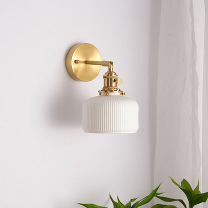 Ceramic Wall Sconce with Geometric Metal Mount – White Hardwired Fixture for Bedroom, Hallway & Bath