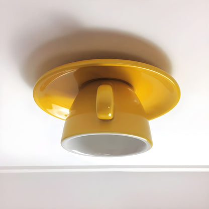 Ceramic Coffee Cup Flush Mount Light for Bedroom Living Room Kitchen Modern Decorative LED Fixture 110V Hardwired Compact Playful Design Amb