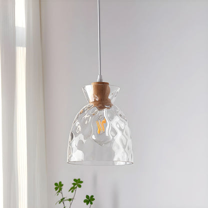 Wood & Glass Drop Light for Counter | Adjustable Height Cord Fixture with Clear Textured Shade | Nordic Style