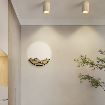 Natural Stone Flush Mount Light with Wooden Accent E26 Base for Bedroom Entryway Living Space Low-Profile Fixture Ambient Overhead Lighting