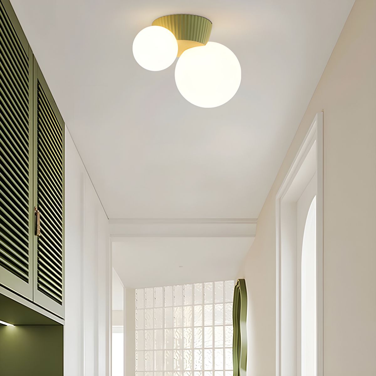 Twin Globe Ceiling Light with Green Base – Modern Two-Bulb Flush Mount for Living Room & Bedroom