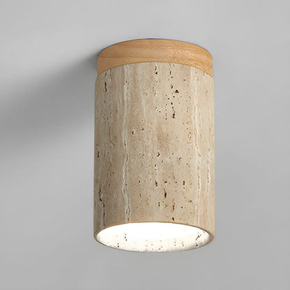 Natural Stone Flush Mount Light with Wooden Accent E26 Base for Bedroom Entryway Living Space Low-Profile Fixture Ambient Overhead Lighting