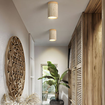 Natural Stone Flush Mount Light with Wooden Accent E26 Base for Bedroom Entryway Living Space Low-Profile Fixture Ambient Overhead Lighting